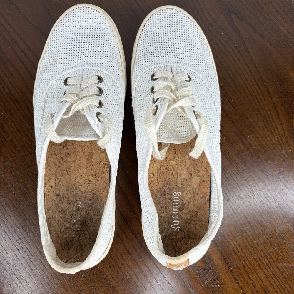 Soludos Shoes Women's 8 White Mesh Comfort Platform Sneaker Lace Up Cork Insole
